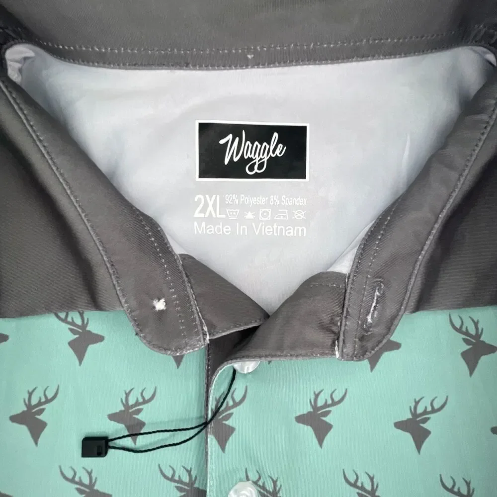 NWOT Waggle Golf Polo Men's 2XL Green Deer All Over Print Performance Stretch - Picture 5 of 10
